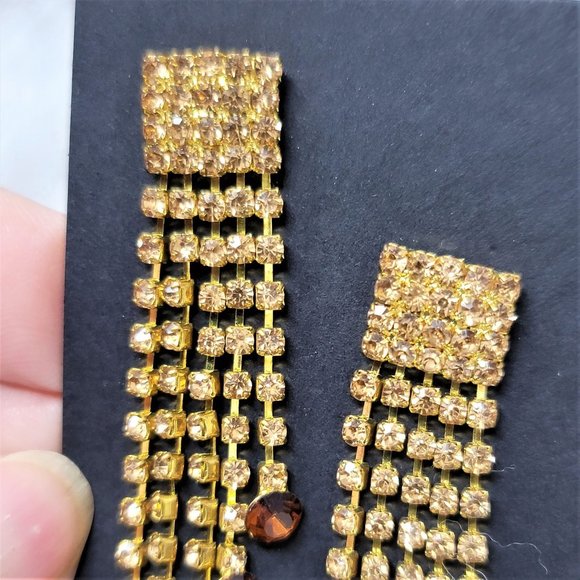 Topaz Long Dangle Rhinestone Earrings Pierced Posts Golden - Picture 5 of 6